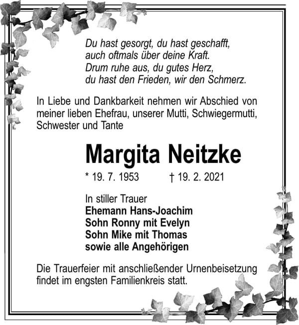 Traueranzeige Margita Neitzke