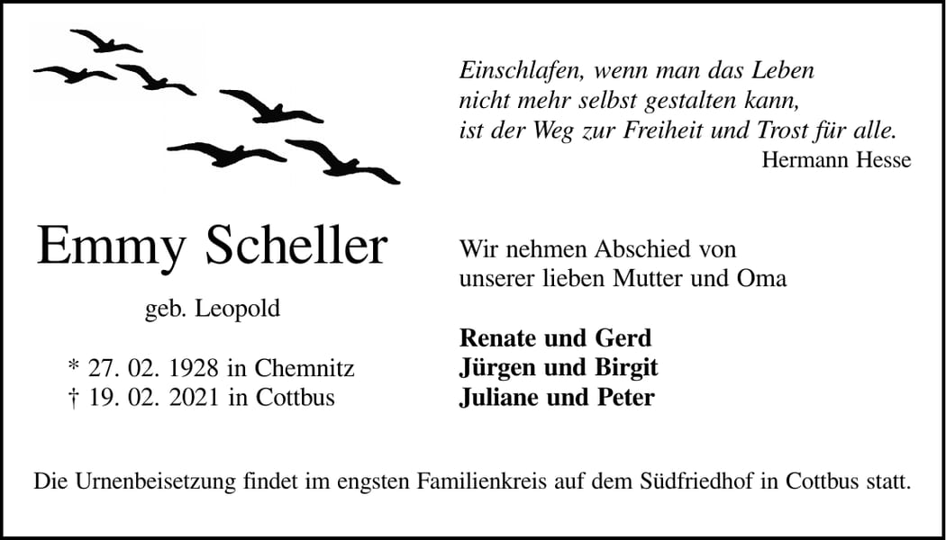 Traueranzeige Emmy Scheller, geb. Leopold