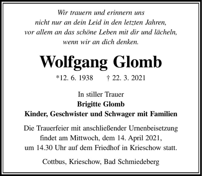 Traueranzeige Wolfgang Glomb