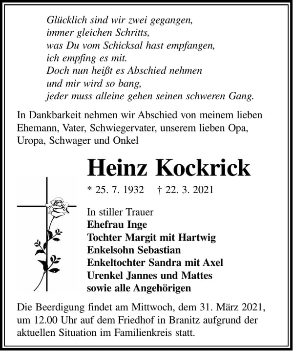 Traueranzeige Heinz Kockrick