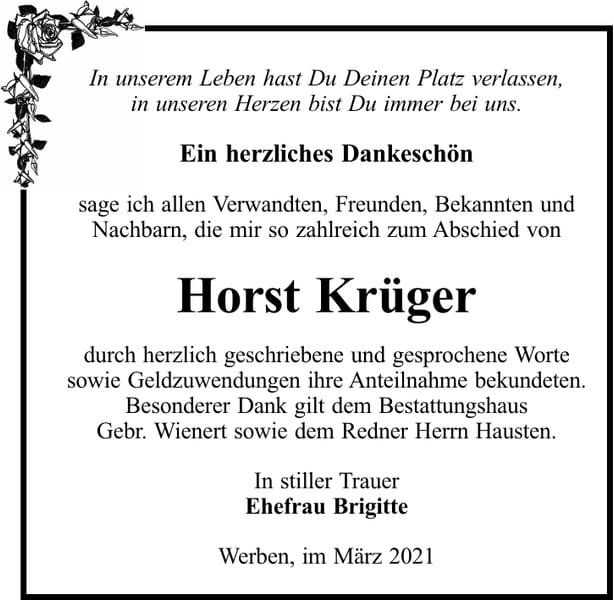 Danksagung Horst Krüger