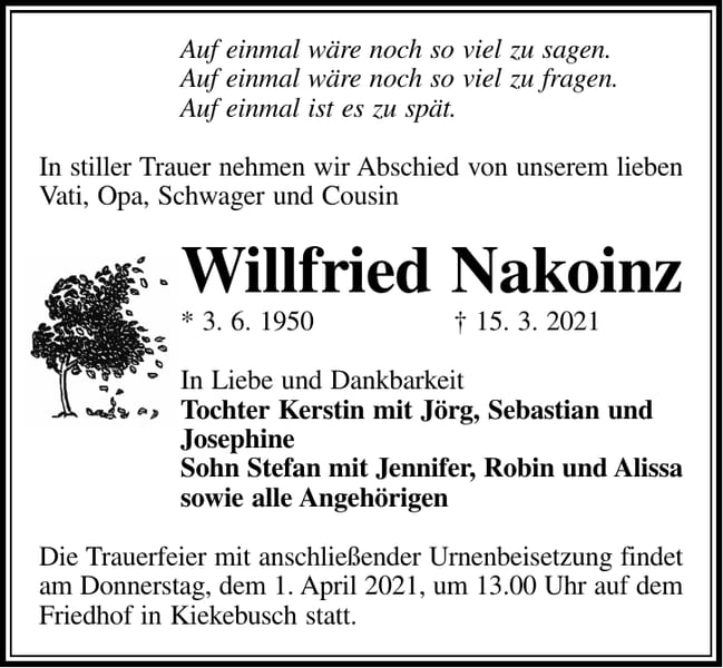Traueranzeige Willfried Nakoinz