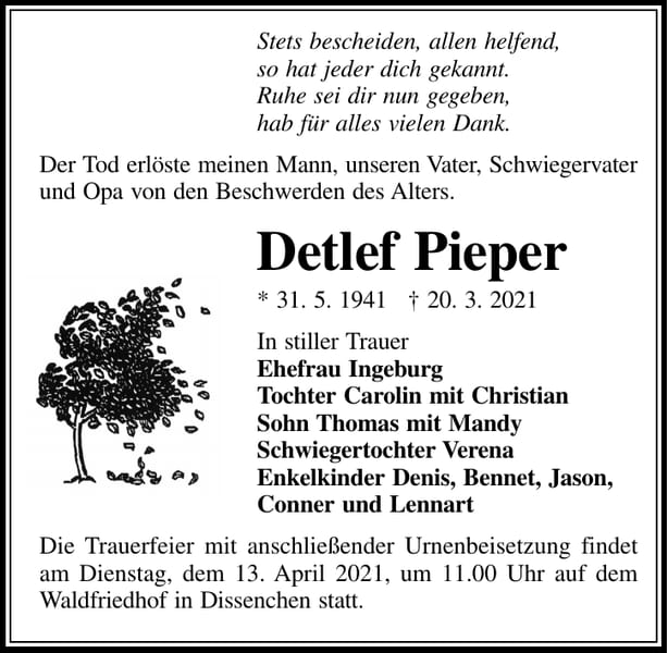 Traueranzeige Detlef Pieper