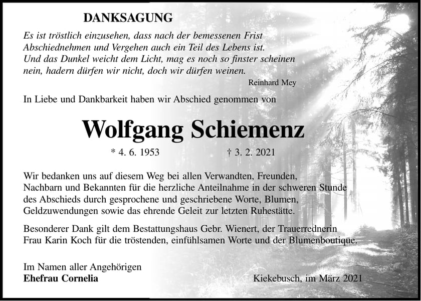 Traueranzeige Wolfgang Schiemenz