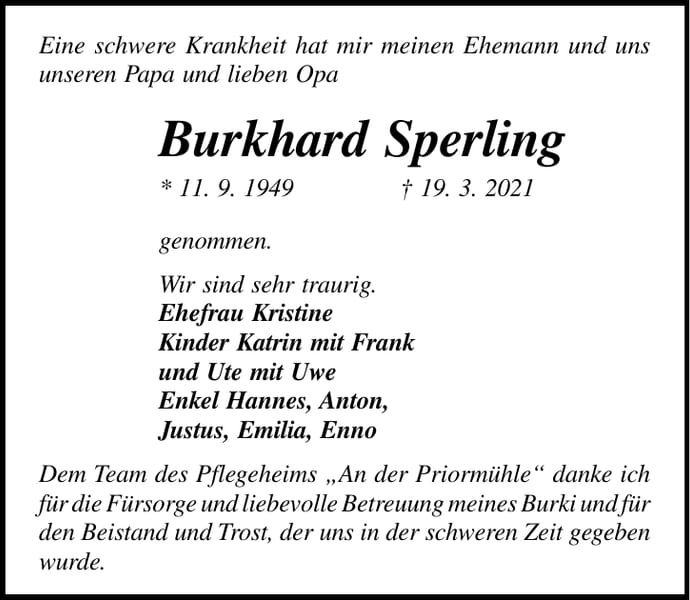 Danksagung Burkhard Sperling