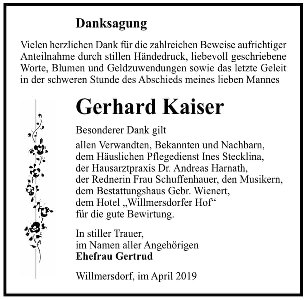 Danksagung Gerhard Kaiser