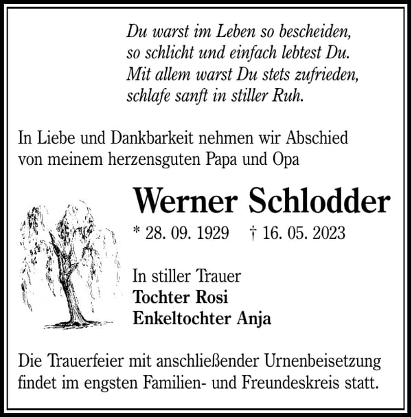 Traueranzeige Werner Schlodder