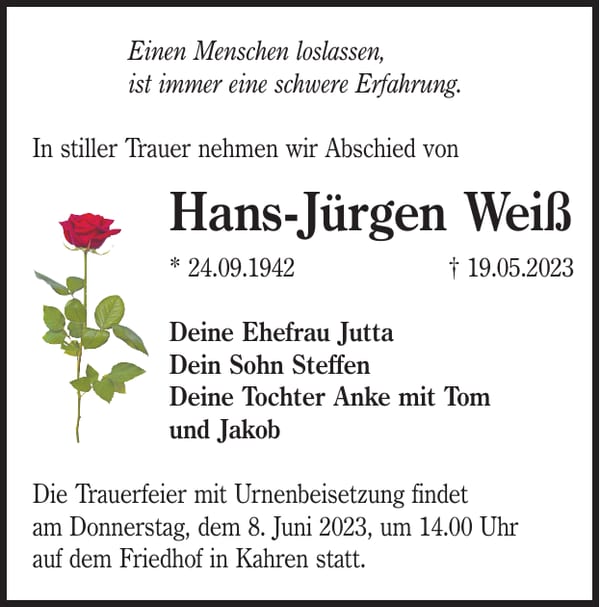 Traueranzeige Hans-Jürgen Weiß