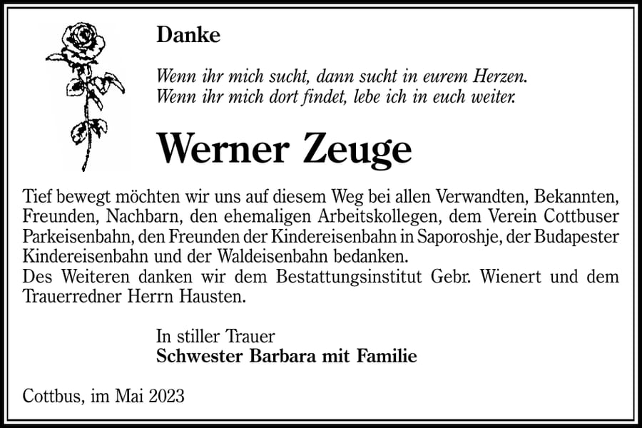 Danksagung Werner Zeuge