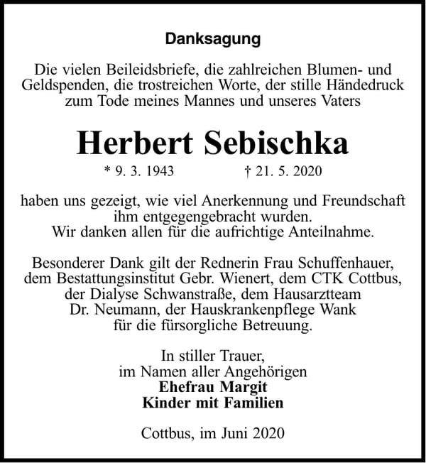 Danksagung Herbert Sebischka