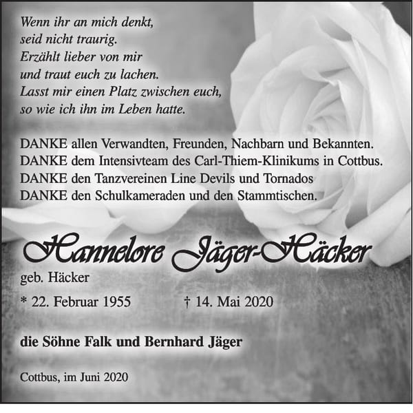 Danksagung Hannelore Jäger-Häcker, geb. Häcker