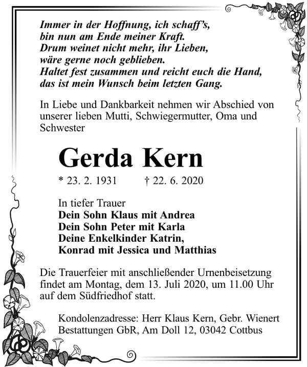 Traueranzeige Gerda Kern