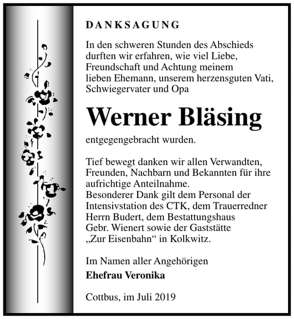 Traueranzeige Werner Bläsing