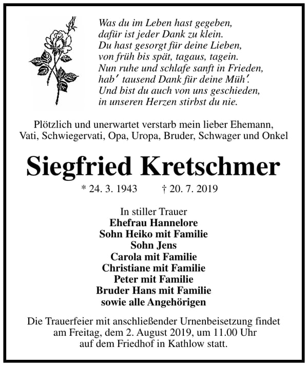 Traueranzeige Siegfried Kretschmer