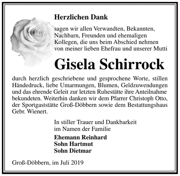Traueranzeige Gisela Schirrock
