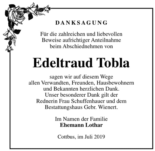 Danksagung Edeltraud Tobla