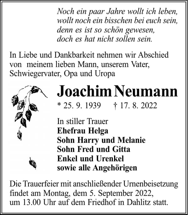Traueranzeige Joachim Neumann