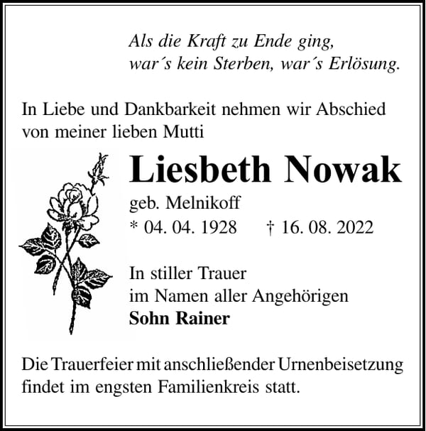 Traueranzeige Liesbeth Nowak, geb. Melnikoff