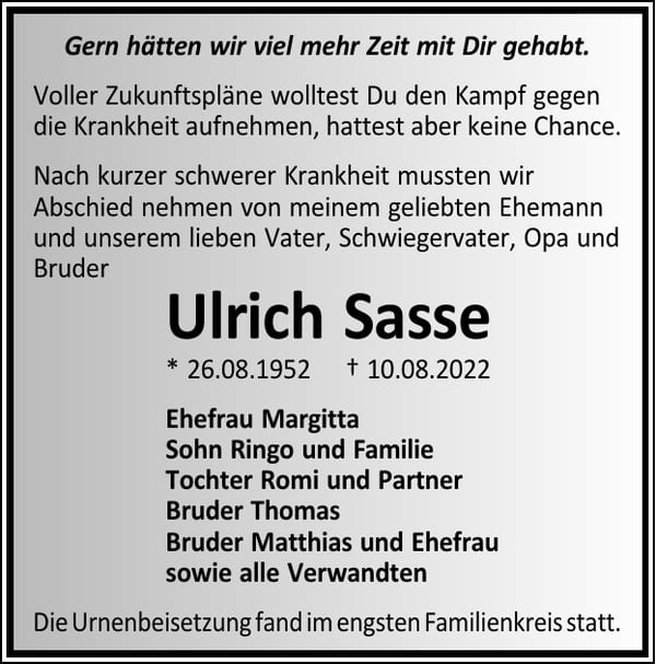 Traueranzeige Ulrich Sasse