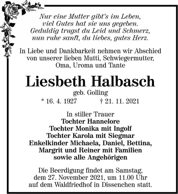 Traueranzeige Liesbeth Halbasch, geb. Golling