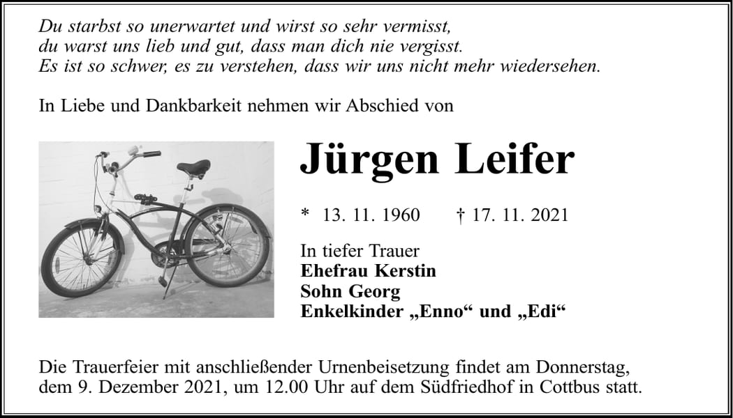 Traueranzeige Jürgen Leifer
