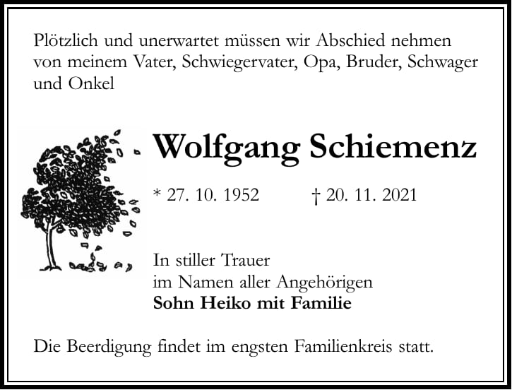 Traueranzeige Wolfgang Schiemenz