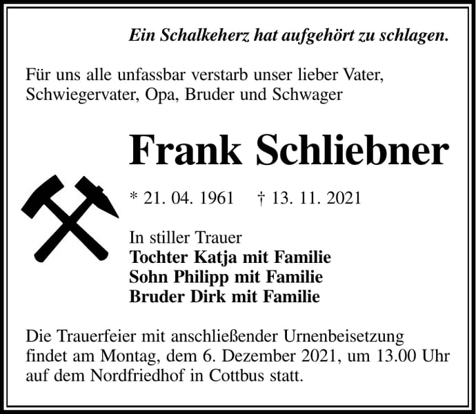 Traueranzeige Frank Schliebner
