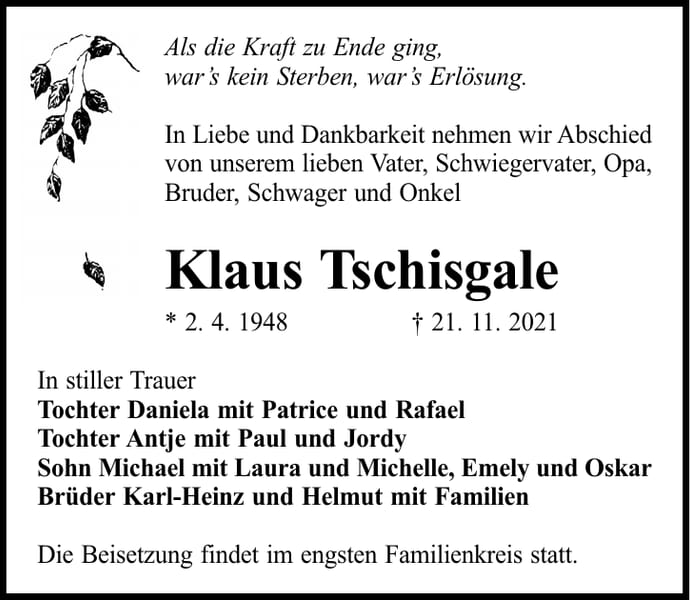 Traueranzeige Klaus Tschisgale