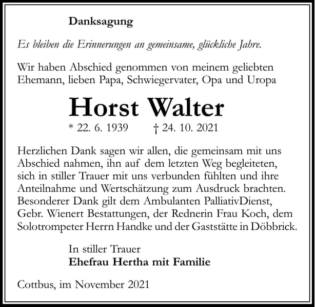 Danksagung Horst Walter