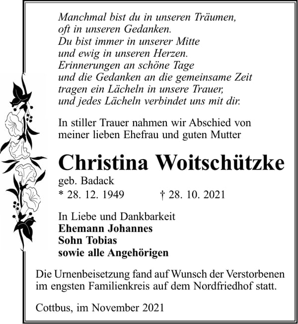 Danksagung Christina Woitschützke, geb. Badack
