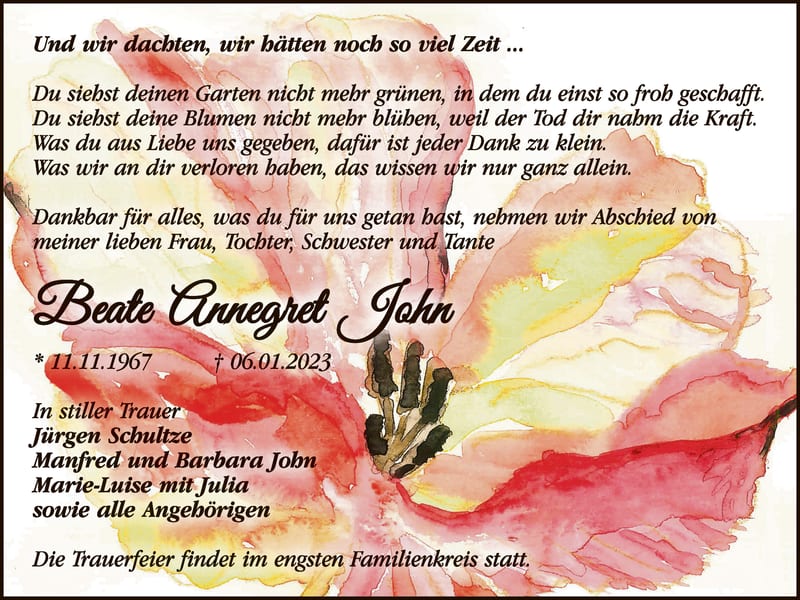 Traueranzeige Beate Annegret John