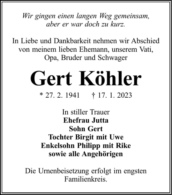 Traueranzeige Gert Köhler