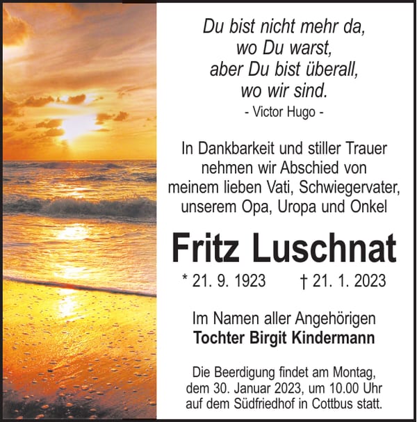 Traueranzeige Fritz Luschnat