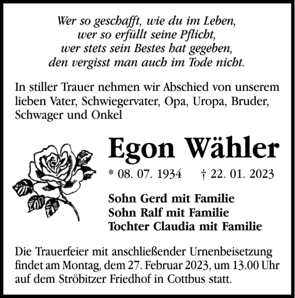 Traueranzeige Egon Wähler