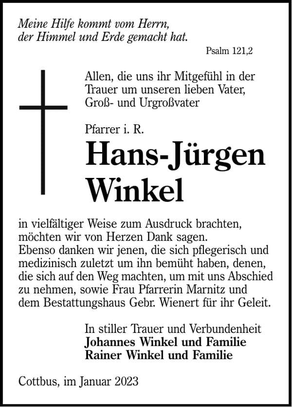 Danksagung Hans-Jürgen Winkel
