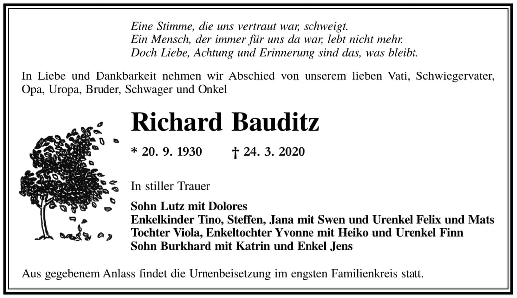 Traueranzeige Richard Bauditz