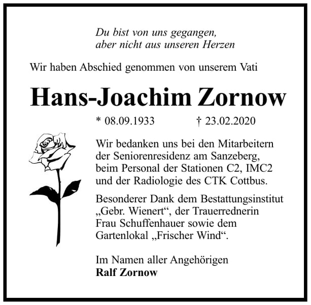 Traueranzeige Hans-Joachim Zornow
