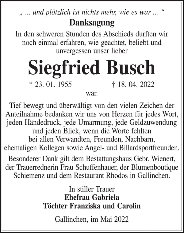 Danksagung Siegfried Busch