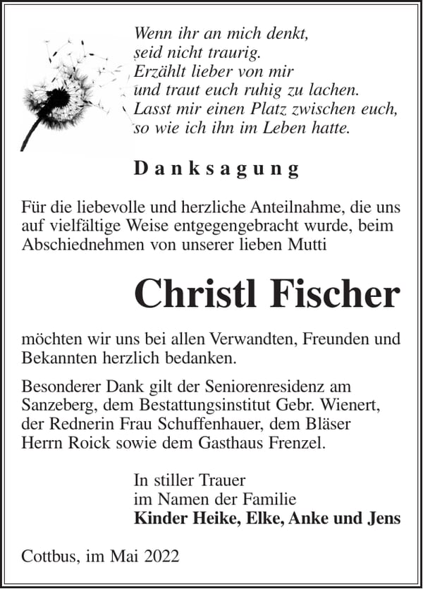 Danksagung Christl Fischer