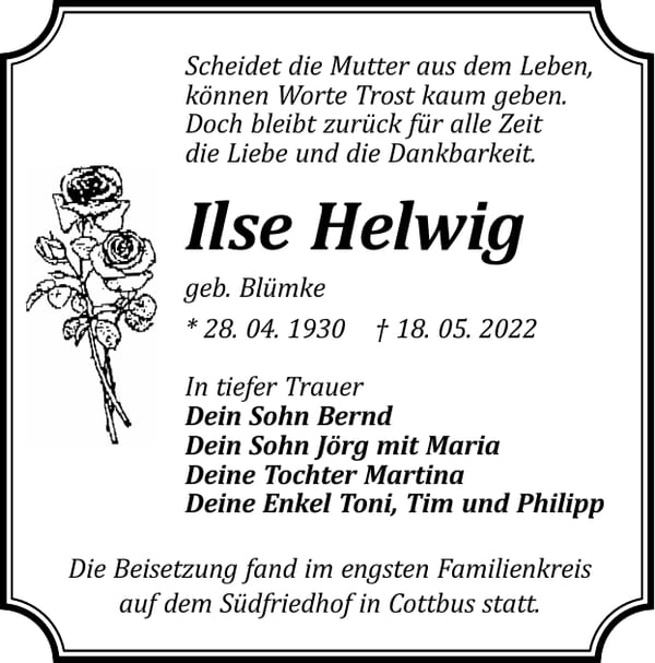 Traueranzeige Ilse Helwig, geb. Blümke