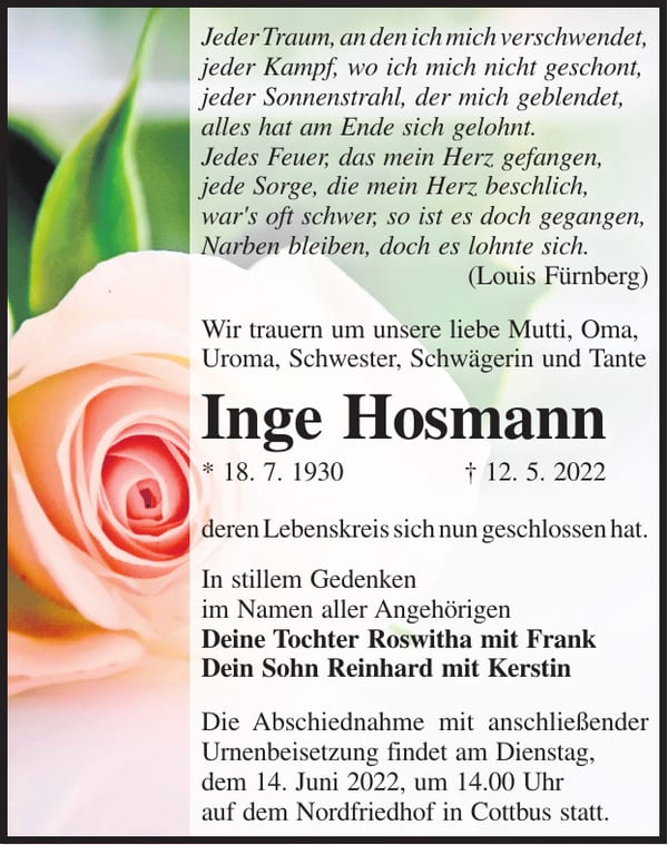Traueranzeige Inge Hosmann