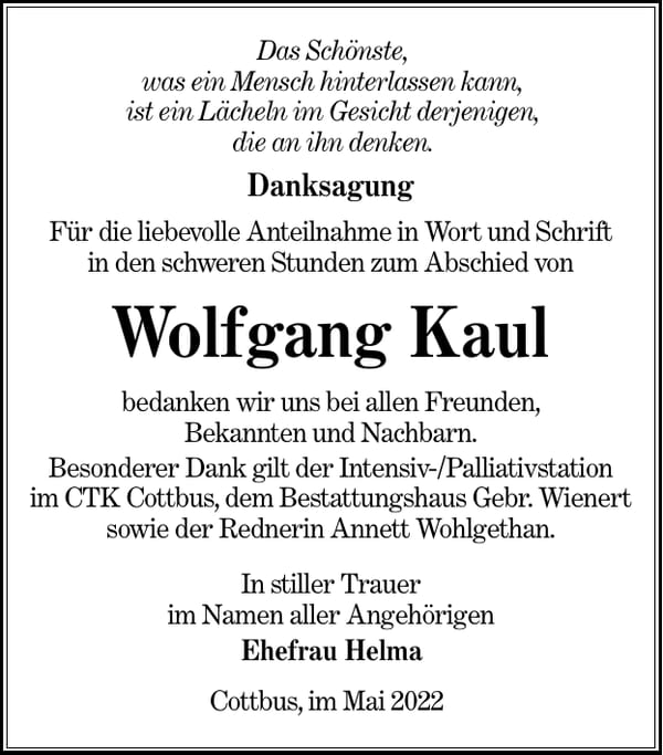 Danksagung Wolfgang Kaul