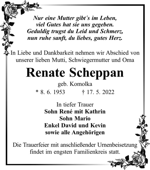 Traueranzeige Renate Scheppan, geb. Komolka