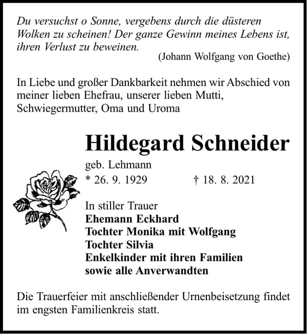 Traueranzeige Hildegard Schneider, geb. Lehmann