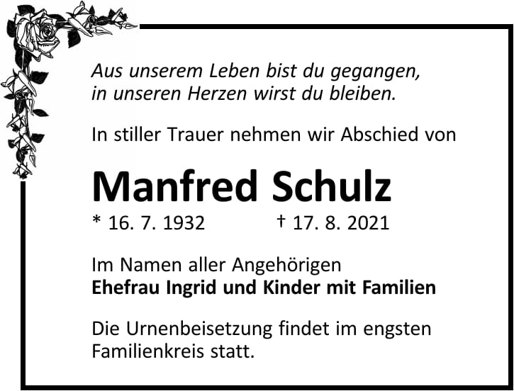 Traueranzeige Manfred Schulz