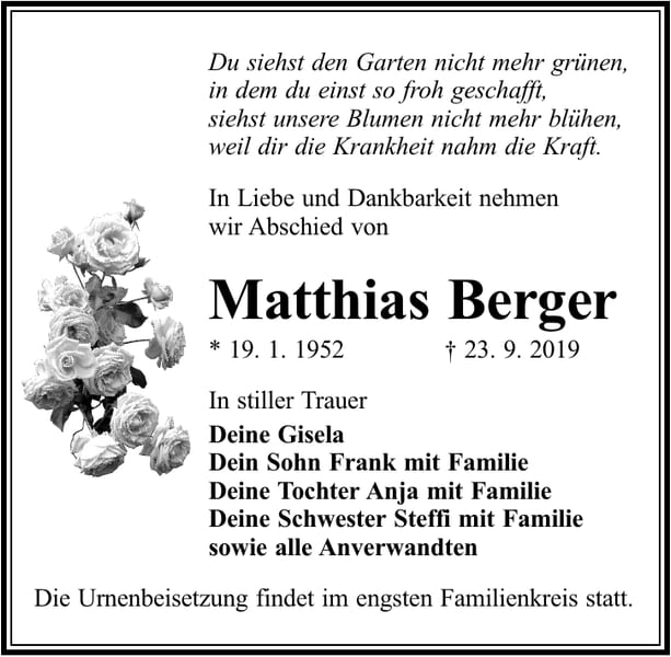 Traueranzeige Matthias Berger