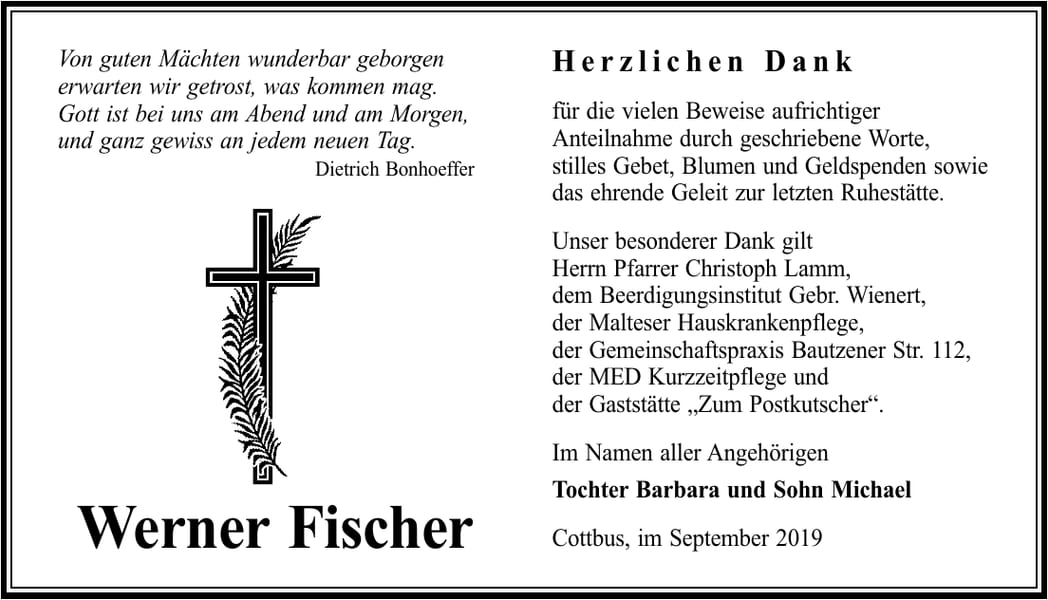 Danksagung Werner Fischer