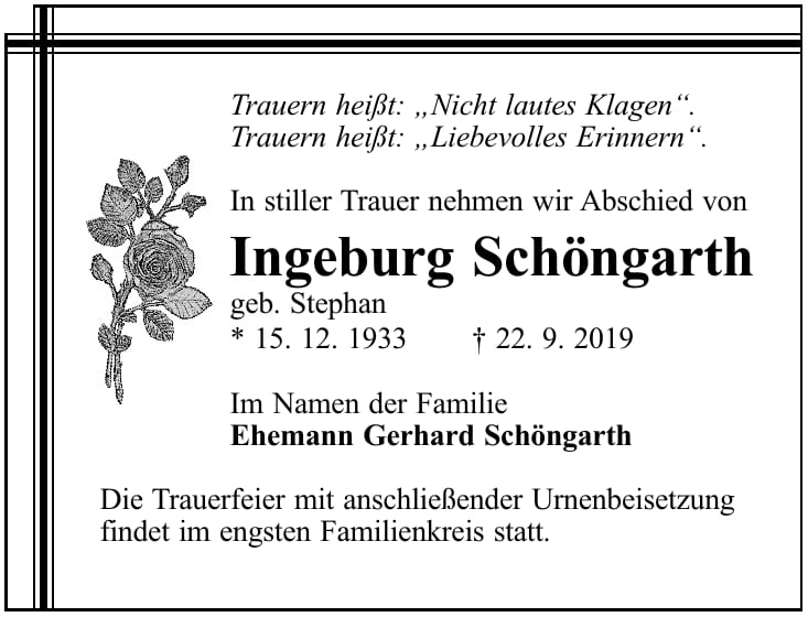 Traueranzeige Ingeburg Schöngarth, geb. Stephan
