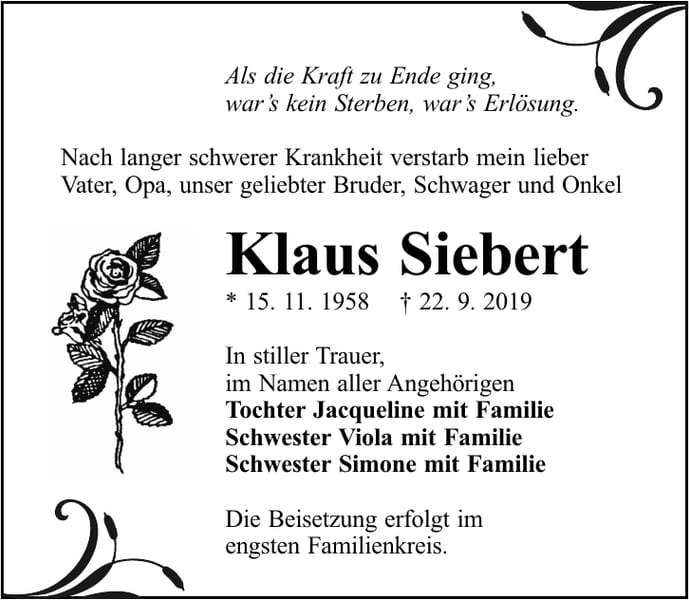 Traueranzeige Klaus Siebert