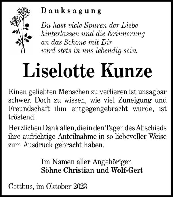 Danksagung Liselotte Kunze
